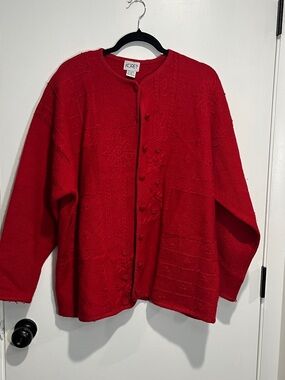 Vintage Koret 100% Wool Embroidered Cardigan Red Floral 2X